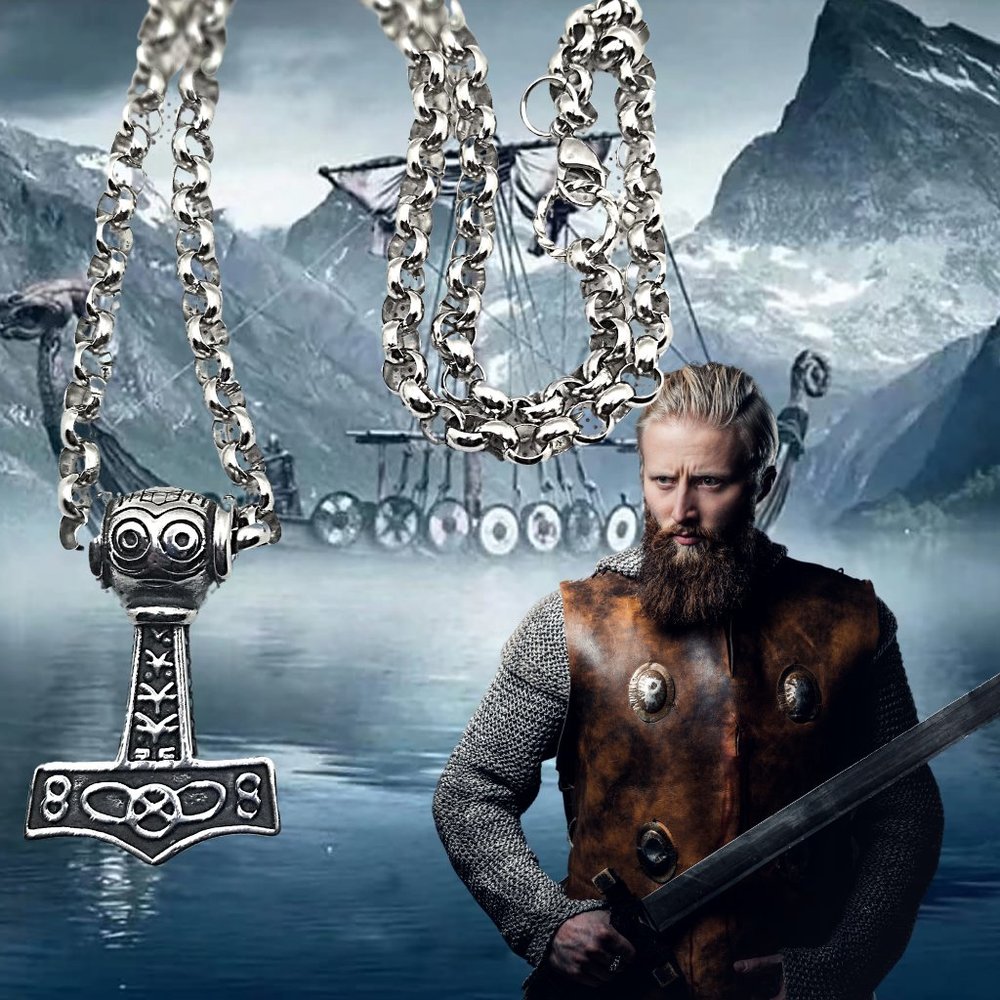 Stainless Steel Pendants, Thor's Hammer 8 Infinity, Antique Silver Necklace